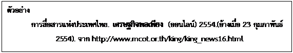 Text Box: ตัวอย่าง การสื่อสารแห่งประเทศไทย. เศรษฐกิจพอเพียง (ออนไลน์) 2554.(อ้างเมื่อ 23 กุมภาพันธ์ 2554). จาก http://www.mcot.or.th/king/king_news16.html
